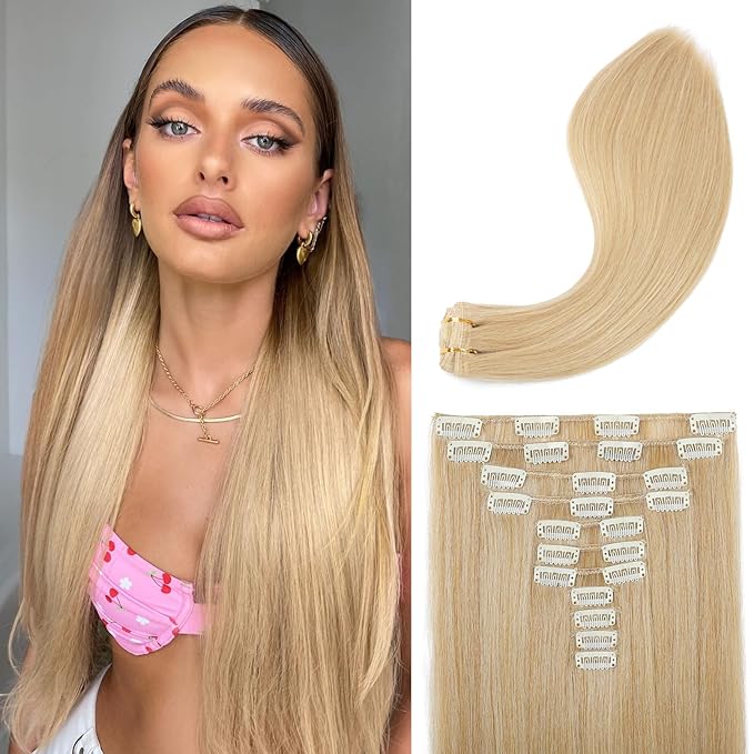 REECHO Hair Extensions, 11PCS Clip in Hair Extensions 24" Long Straight hair extensions HE005 Natural Soft Synthetic Hairpieces for Women – Golden Blonde with Highlights