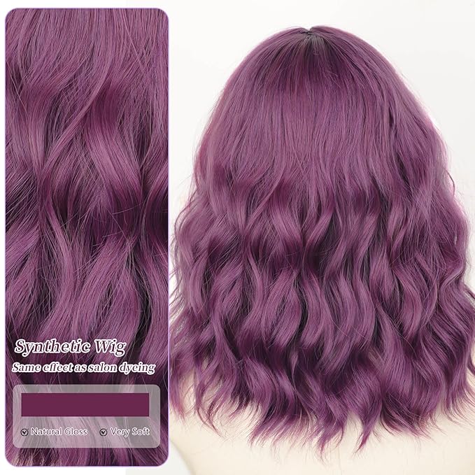 AISI HAIR 14 Inch Purple Wigs for Women - Shoulder Length Wave Wig with Pre-Cut Lace Hairline, Middle Part Natural Wavy Bob Synthetic Heat Resistant Fiber for Daily and Party