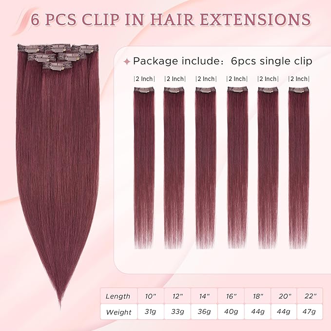 SEGO Single Clip In Hair Extensions Real Human Hair 6 Pcs Individual Clip Ins Highlight Remy Balayage Straight Soft Seamless Hairpieces for Women -20 Inch #99J Wine red