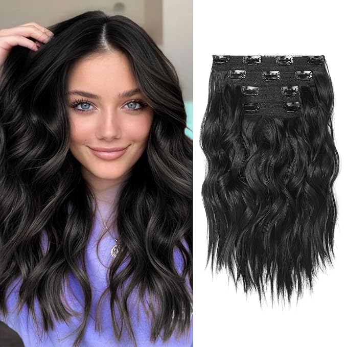Hair Extensions, 14" Short Clip in Hair Extensions 4PCS Beach Wave Blonde Natural Soft Synthetic Hairpiece for Women - Black Brown