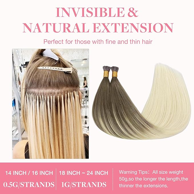 GOO GOO I Tip Hair Extensions Real Human Hair, 18inch 50g 50S, Cold Fusion I Tip Hair Extensions, Invisible Remy Hair Extensions, 9/60 Balayage Ash Brown to Platinum Blonde