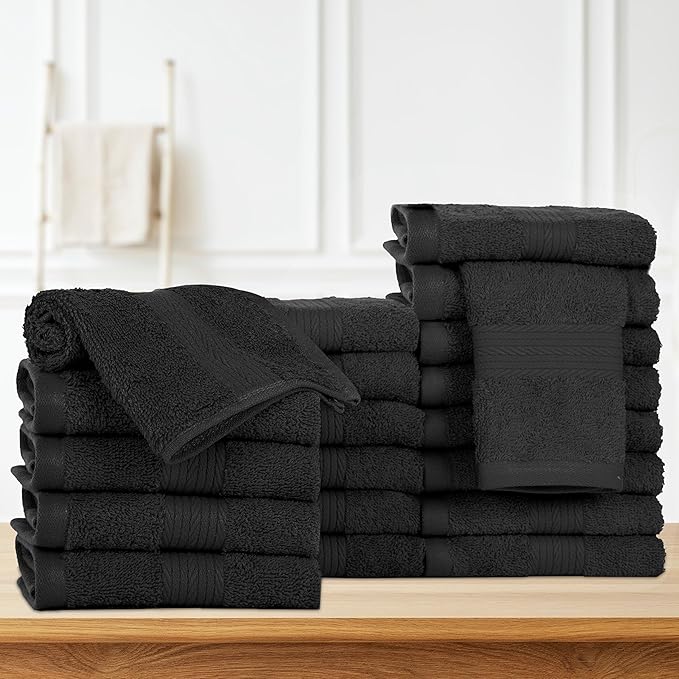 Ample Decor Wash Cloths Pack of 20, Oeko Tex Certified 600 GSM 100% Cotton Soft Absorbent, Premium Quality Durable Machine Washable, Ideal for Bathroom, Pool, Hotel, Spa – Black
