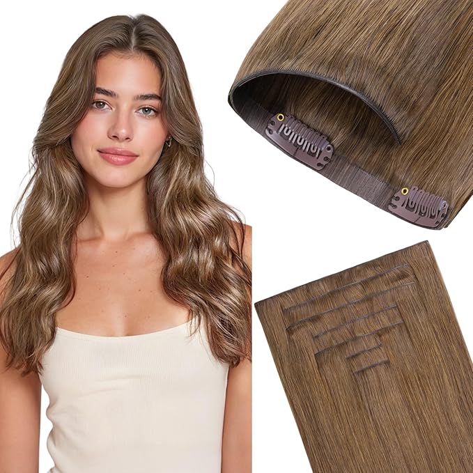 GOO GOO Invisi Edge Clip in Hair Extensions 12inch 85g 7Pcs Injected Seamless PU Clip in Hair Extensions, Virgin Real Human Hair, 5 Light Ash Brown