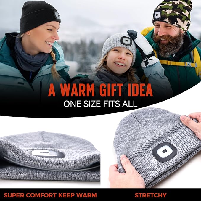 Unisex Beanie Hat with Light, Rechargeable Headlight Cap, Stocking Stuffers for Men, Cool Gadget Gifts for Him, Birthday Gifts for Women, Grey