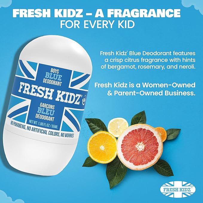 Fresh Kidz Roll On Deodorant for Kids and Teens - Baking Soda and Aluminum-free 24 Hour Protection for Sensitive Skin - Boys "Blue" 1.86 fl.oz. (2 Pack)