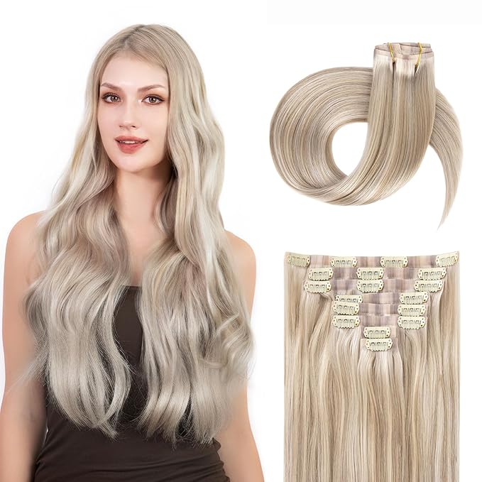 Clip in Hair Extensions Real Human Hair Seamless Clip Ins 100% Remy Hair Extensions PU Skin Weft Add Volume Ash Blonde Highlights Thick&Invisible #P18/613 22Inch 120G 8PCS