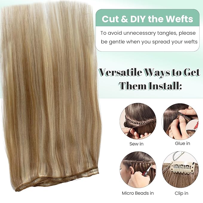 Weft Hair Extensions Human Hair Ash Blonde Sew in Hair Extensions Real Human Hair, 20 Inch 100G Per Bundle Double Weft Soft Straight Ash Blonde with Platinum Blond Remy Hair Extension