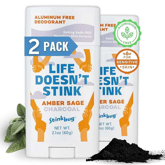 Natural Organic Sensitive Skin Deodorant Stick with Amber and Sage, Coconut Oil and Activated Charcoal, Aluminum Free Deodorant by Stinkbug Naturals, 2.1 Ounce Pack of 2