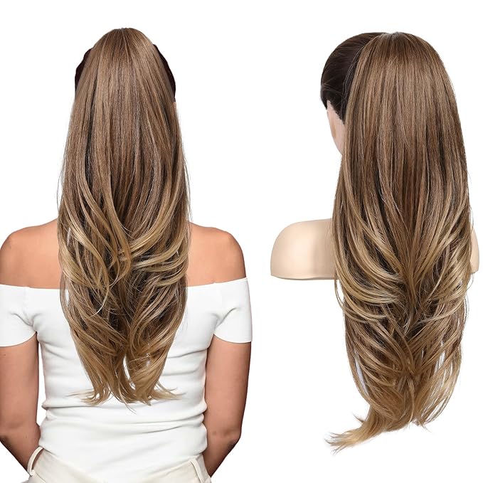 SEIKEA Versatile Drawstring Ponytail Extension, 26" Long Wavy Multi Layered Clip in Ponytail Hair Extensions Stand Up High Fake Pony Tail Soft Natural Synthetic Hairpiece for Women Brown to Blonde