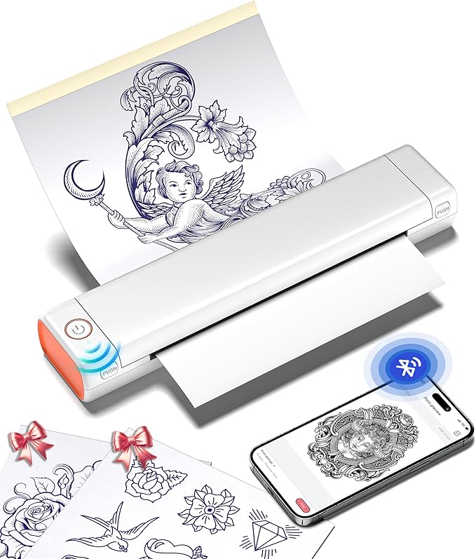 Phomemo Tattoo Stencil Printer, M08F Wireless Thermal Tattoo Printer with 10pcs Transfer Paper, Compatible with Phone/Tablet/PC, Tattoo Supplies for Tattoo Artists & Beginners, White & Orange