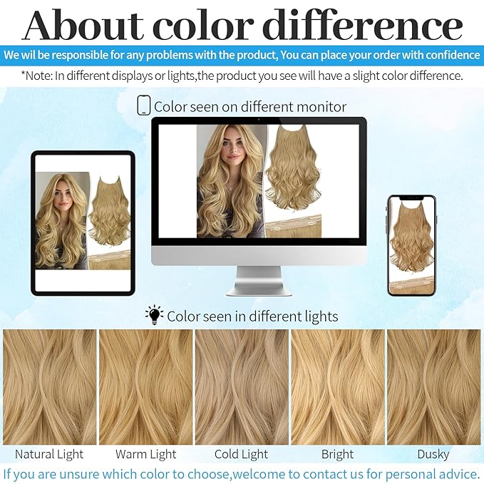 KooKaStyle Invisible Wire Hair Extensions 20"Long Wavy Layered Synthetic Clip in with Adjustable Size 6 Secure Clips Golden Blonde Natural Soft Thick Hairpieces for Women 20 Inch