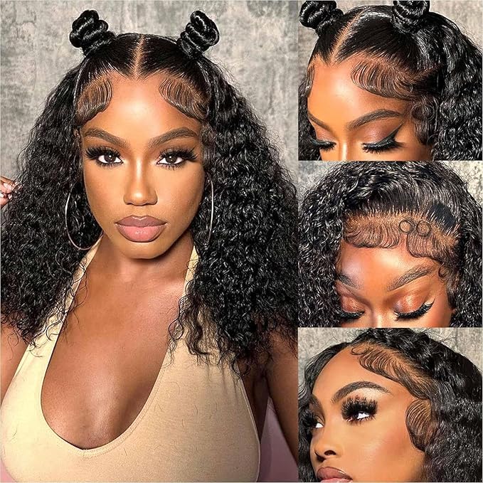 Glueless Wigs Human Hair pre plucked Pre Cut Short Curly Bob Lace Front Wigs for Black Women 5x5 Lace Closure Glueless Wig with Elastic Band for Beginners 10 Inch