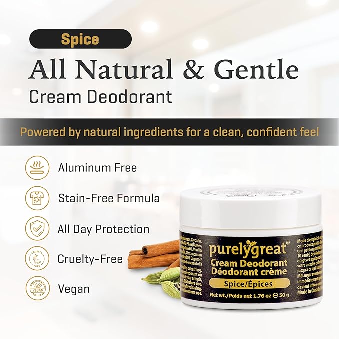 Purelygreat - Spice Scent Cream Deodorant, Chemical-Free Hygiene Essentials for Women, Natural Deodorant for Men with Soda & Corn Starch, No Sticky Residue, Parabens & BPA, 1.76 oz / 50 g