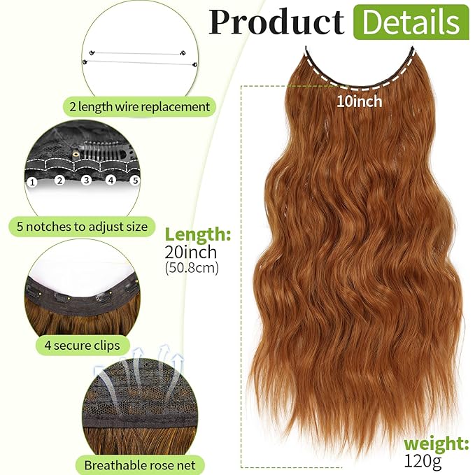 KooKaStyle Invisible Wire Hair Extensions with Transparent Headband Adjustable Size 4 Secure Clips Long Wavy Secret Wire Synthetic Hairpiece for Women(30C#Copper Auburn 20Inch)