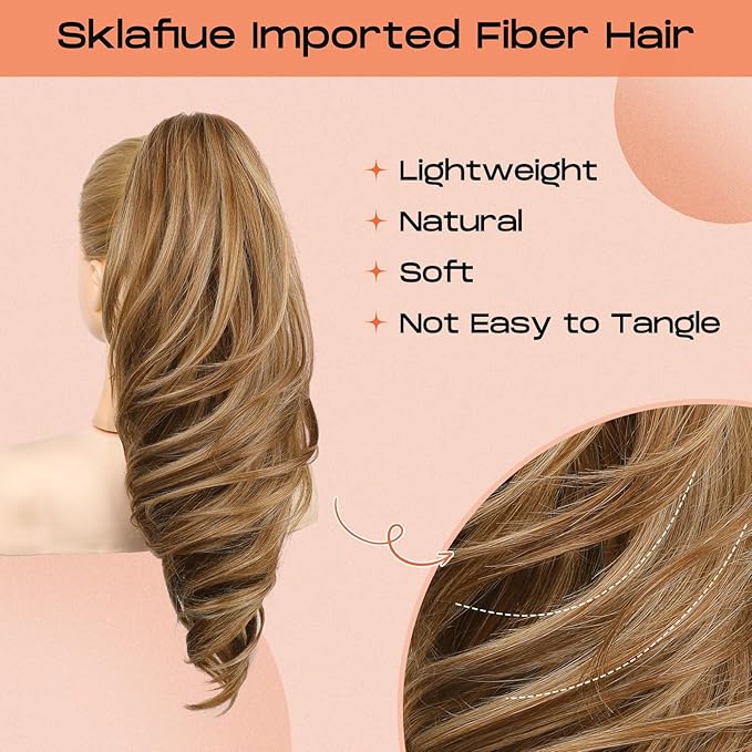 SEIKEA Ponytail Extension, 18" Wavy Claw Clip in Hair Extensions for Women, Lightweight Fluffy Synthetic Ponytail Hairpiece, Natural Soft & Easy to Wear, for Short & Medium Hair Honey Ginger