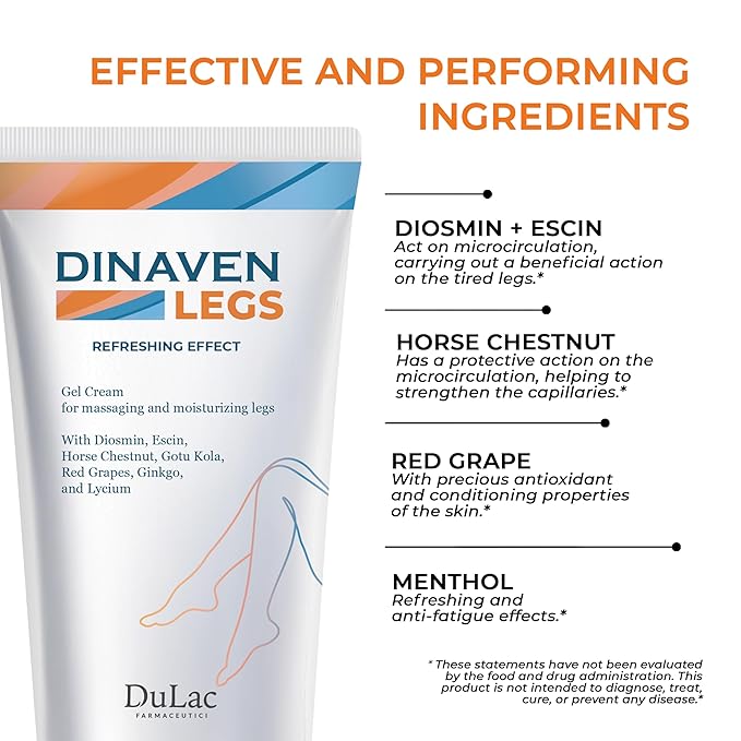 DULÀC FARMACEUTICI 1982 Dulac Dinaven Legs Cooling Cosmetic Gel With Natural Botanical Elements Lightweight Daily Leg Care Fast Absorbing Body Formula 6.76 Fl Oz