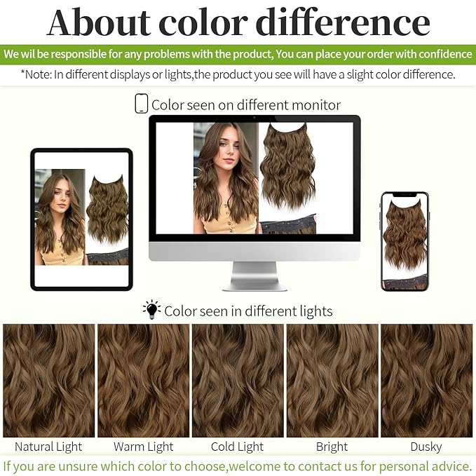 KooKaStyle Invisible Wire Hair Extensions with Transparent Wire Headband Adjustable Size 4 Secure Clips Long Wavy Synthetic Hairpiece 16 Inch COCOA# for Women