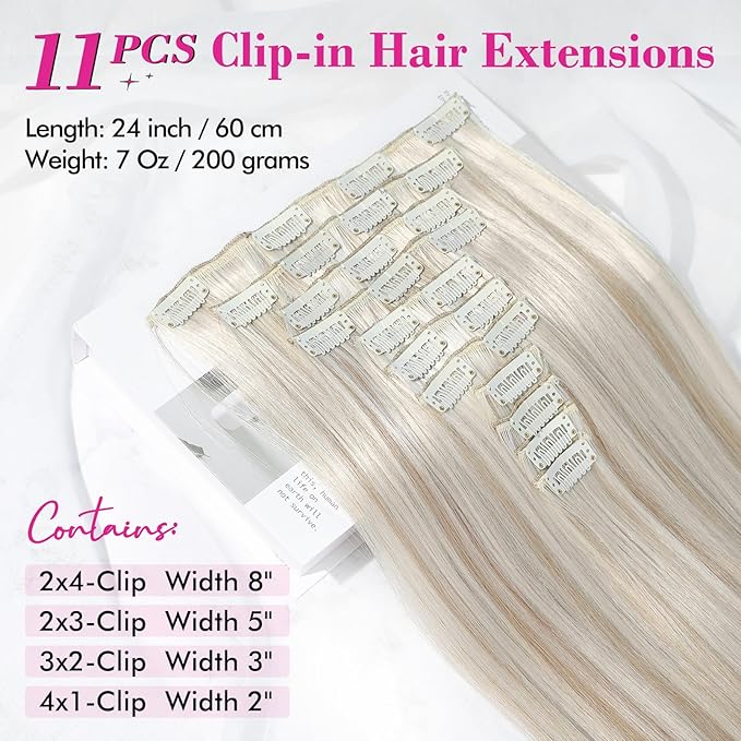 REECHO Hair Extensions, 11PCS Clip in Hair Extensions 24" Long Straight hair extensions HE005 Natural Soft Synthetic Hairpieces for Women – Ash Blonde with Highlights