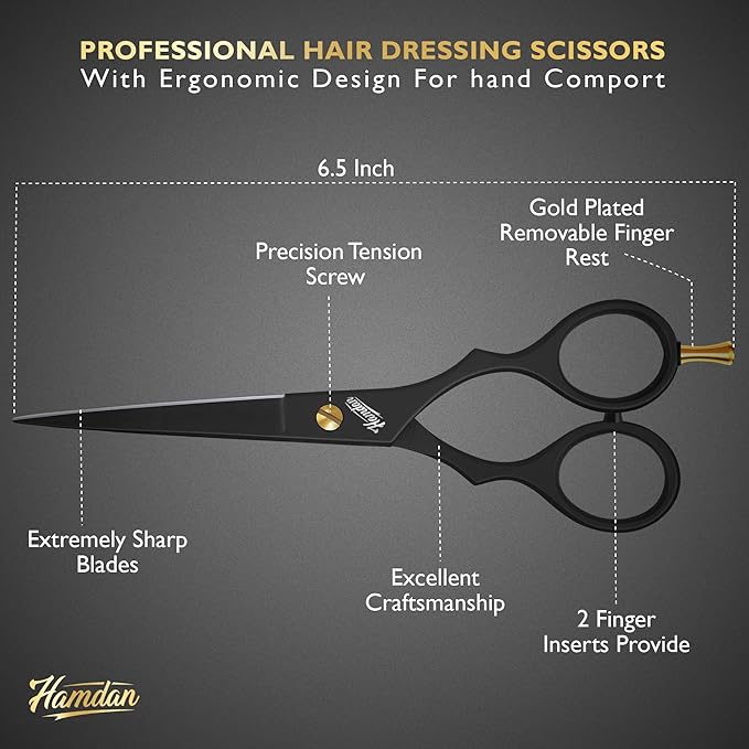 Hamdan 6.5” Matte Black Hair Scissors, Barber Shears for Men, Women & Kids – Ultra-Sharp Professional Hair Cutting Scissors with Pouch, Precision Haircut for Salon & Home - Tijeras De Peluqueria