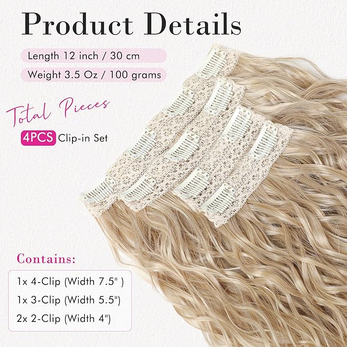 REECHO Clip in Hair Extensions, 4PCS Hair Extensions 12" Short Curly Wavy Blonde hair extensions Invisible Lace Weft Natural Soft Hairpieces for Women – Dark Blonde with Light Ends