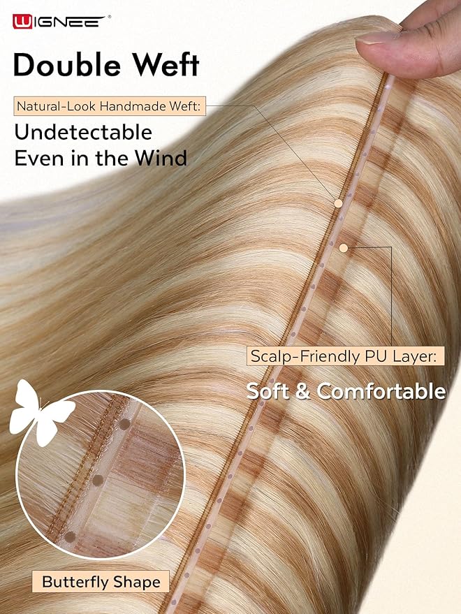 WIGNEE Double Invisible PU OVO Human Hair Extensions 100% Remy Hair Weft Strawberry Highlight Blonde Hair Extensions Human Hair 14 Inch Glueless Wefts Real Human Hair Extensions (18/613)