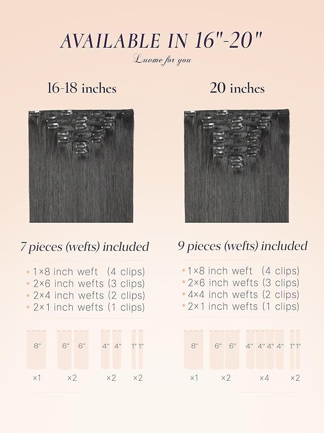LUVME Handmade Weft Clip in Hair Extensions Human Hair 16 Inch 120g 7pcs Natural Black Straight Seamless Blend, Soft Texture & Strong Grip Clips