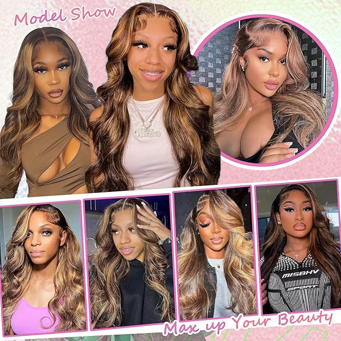 250% Density Highlight Ombre Glueless Wigs Human Hair Pre Plucked Pre Cut 5x5 HD Lace Closure Wigs Human Hair 4/27 Colored Honey Blonde Body Wave Lace Front Wigs 34 Inch