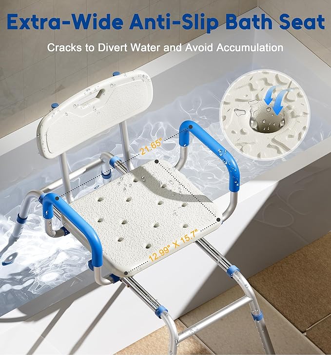 Sliding Shower Chair with Extra-Wide 360° Swivel Seat, 330lbs Tub Transfer Bench, Non-Slip & Padded Arms, Adjustable Height for Elderly & Disabled Inside Shower, Rectangular