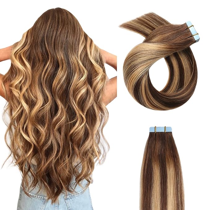 YILITE Tape in Hair Extensions Human Hair 22 inch 20PCS 50g Balayage Medium Brown Roots Fading to Medium Brown and Strawberry Blonde Tape in Remy Human Hair extensions(22inch P4-27-T4)
