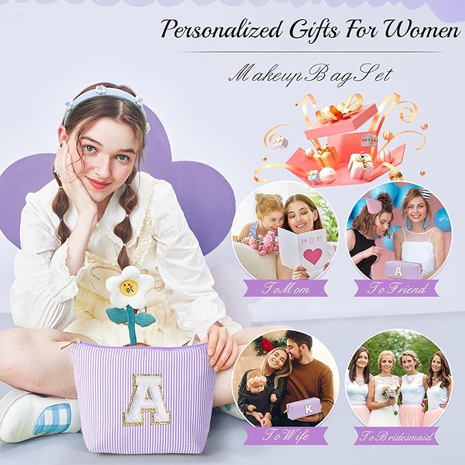 YOOLIFE Personalized Monogram Makeup Bag Birthday Gifts for Kids Girls Cosmetic Bag Travel Toiletry Bag | Christmas Gifts for Teenage Girls Stocking Stuffers for Teen Girl Daughter Gifts Purple A