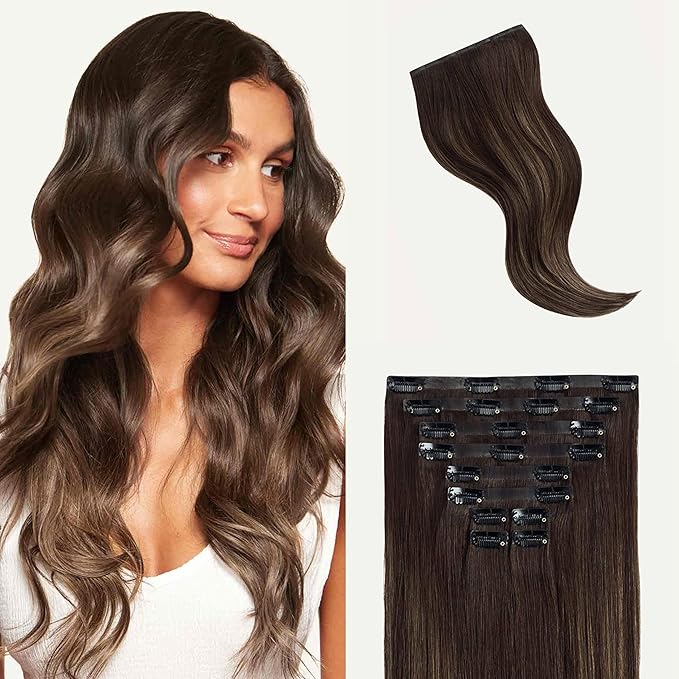 Luxy 100% Remy Human Hair - Seamless Clip-In Hair Extensions - Multi-Dimensional Color for Natural Blending, Adds Volume & Length 160 grams 16" Dark Brown Balayage