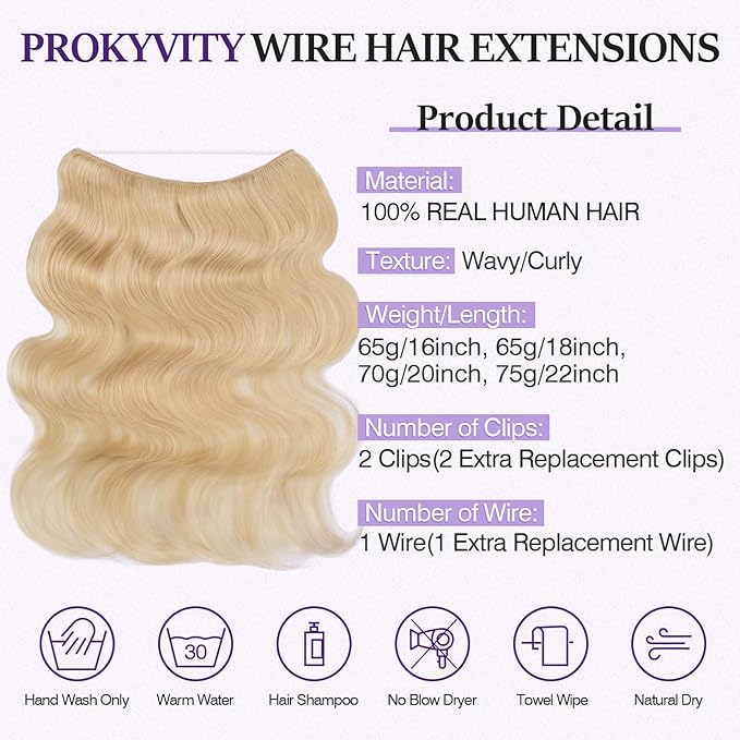 Halo Hair Extensions Real Human Hair,Halo Hair Extension 100% Human Hair,Wire Hair Extensions,Wavy 613 Bleach Blonde 20inch/70g