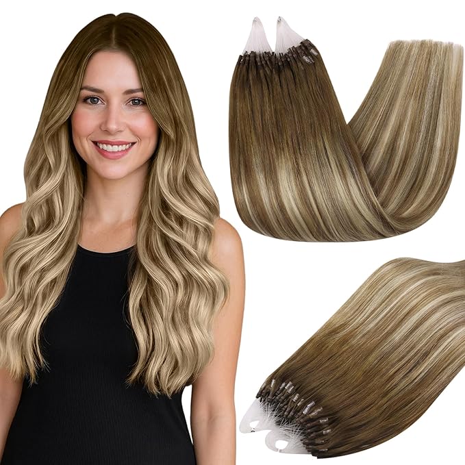 Full Shine Micro Bead Hair Extensions Real Human Hair 24 Inch 50G with 7G Micro Beads Brown Ombre Ash Brown and Blonde Microloop Hair Extensions Human Hair Prebonded Extensions Long Hair