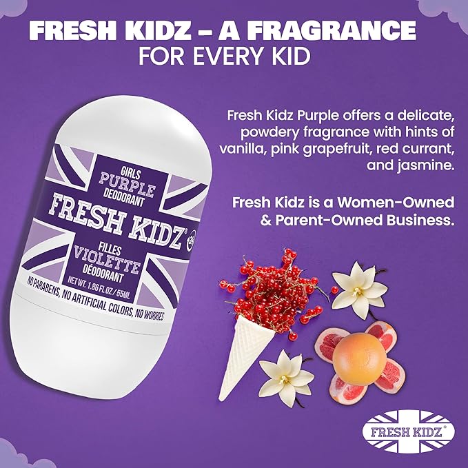 Fresh Kidz Roll On Deodorant for Kids and Teens - Baking Soda and Aluminum-free 24 Hour Protection for Sensitive Skin - Girls "Purple" 1.86 fl.oz. (3 Pack)