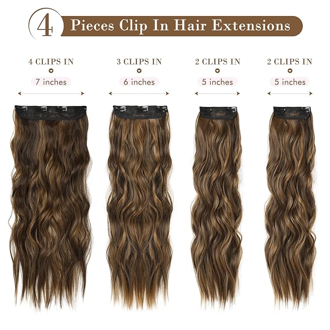 REECHO Hair Extensions, 4PCS Clip in Hair Extensions HE001 Natural Soft Synthetic Hairpieces for Women, Brown with Honey Blonde Highlights
