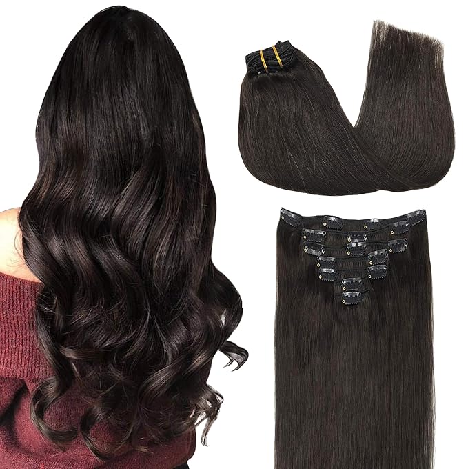GOO GOO Clip in Hair Extensions Real Human Hair, Remy Human Hair Extensions Clip ins for Women, Natural Human Hair, 24inch 120g 7Pcs, 2 Dark Brown