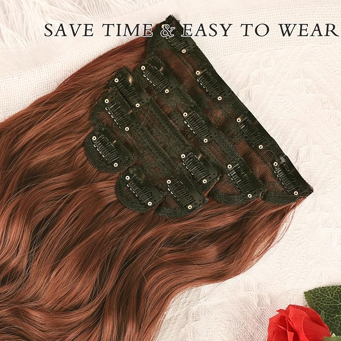 NAYOO Clip in Hair Extensions for Women 20 Inch Long Wavy Curly Auburn Hairpieces Full Head Synthetic Hair Hairpieces(6PCS,Auburn)