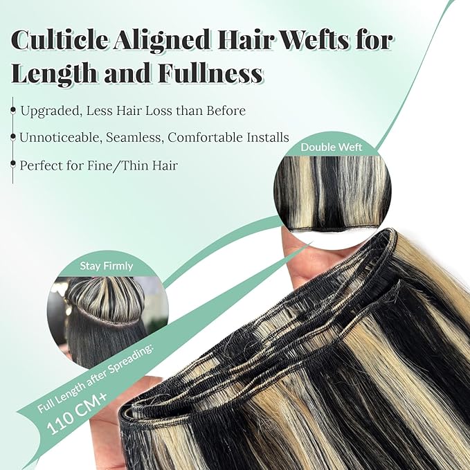 Sew in Hair Extensions Human Hair Bundles Silky Straight Black and Blonde Highlight Real Hair Wefts #1/613 Black with Blonde Extensions Hand Tied Real Human Hair Weave Bundles Sew in 12 Inch 80G