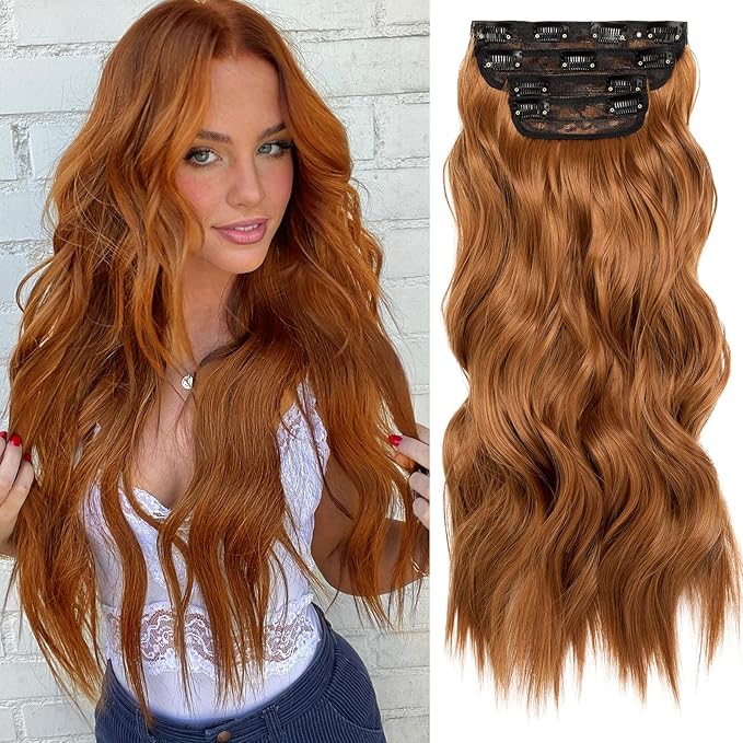 Cooper Red Hair Extensions Clip ins 20 Inch Hair Extensions Long Wavy Cosplay Hairpieces for Women Synthetic 4Pcs