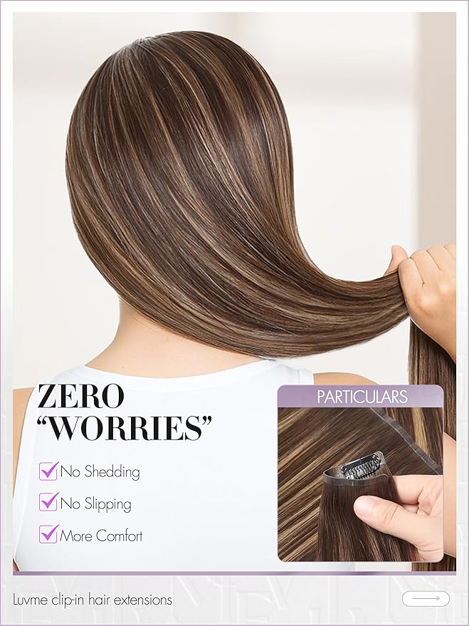 LUVME Clip in Hair Extensions, Straight Seamless 22 Inch 70g 4Pcs Brown Highlights, 100% Real Remy Human Hair, Soft Natural Full Max Invisible Comfortable Clip in Hair Extensions for Women