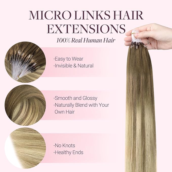 GOO GOO Micro Link Tip Hair Extensions Real Human Hair, 16inch 50g 50S, Cold Fusion Micro Link Tip, Invisible Remy Hair Extensions, 3/8/613 Walnut Brown to Ash Brown and Bleach Blonde