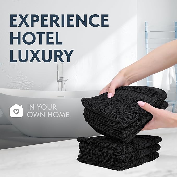 White Classic Luxury Cotton Washcloths 13x13 Inch - 650 GSM Turkish Cotton | Hotel, Spa, Bathroom Face Towel | 12 Pack, Black