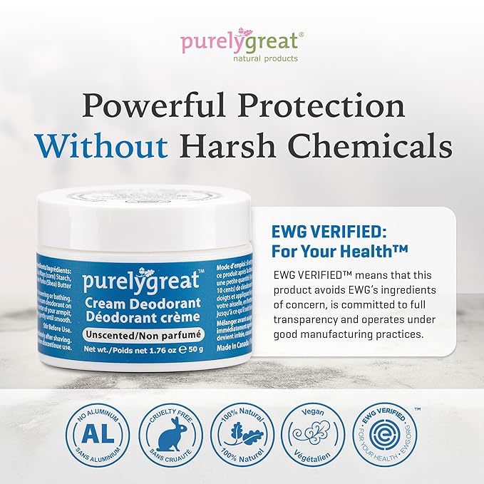 Purelygreat Cream Deodorant, Aluminum-Free, Deodorant Cream for Lasting Odor Control, Vegan, Cruelty-Free Natural Deodorant for Women & Men, Contains No Chemicals, Parabens, or BPA, Unscented, 1.76oz