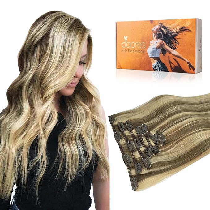 DOORES Hair Extensions Clip in Human Hair Medium Brown Highlighted Golden Blonde 120g 7pcs 18 Inch Remy Clip in Human Hair Extensions Natural Human Hair Extensions