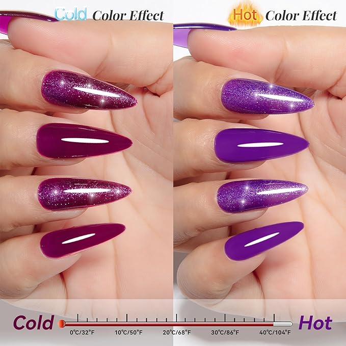 YTD Likomey Color Changing Gel Nail Polish 2 Pcs Set,15ml Purple To Dark Wine Red Pure Color and Glitter Nails Gel Kit,Thermal Ombre Change Colors Salon Manicure Fall Winter UV Varnish,WB2-7
