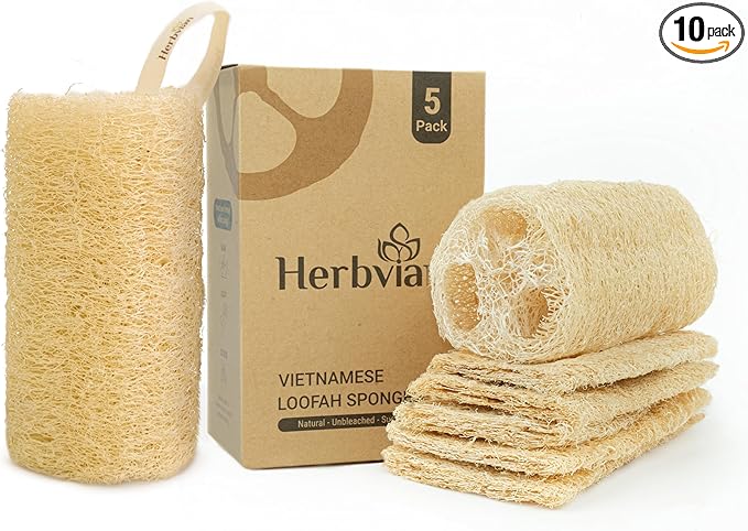 Natural Vietnamese Loofah Sponge, 100% Plant-Based Luffa Exfoliating Body Scrubber for Shower, Multi-Functional for Kitchen, Ideal for Men & Women, Spa & for Pet (5-Pack)