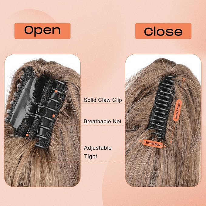 SEIKEA Ponytail Extension, 18" Wavy Claw Clip in Hair Extensions for Women, Lightweight Fluffy Synthetic Ponytail Hairpiece, Natural Soft & Easy to Wear, for Short & Medium Hair Brown/Golden Highlight