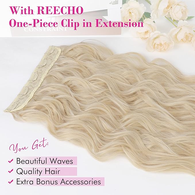 REECHO Blonde Hair Extensions, 20” Single Piece Clip in Hair Extensions Thick Long Beach Wavy Natural Soft Synthetic Hairpieces for Women, Cool Light Blonde