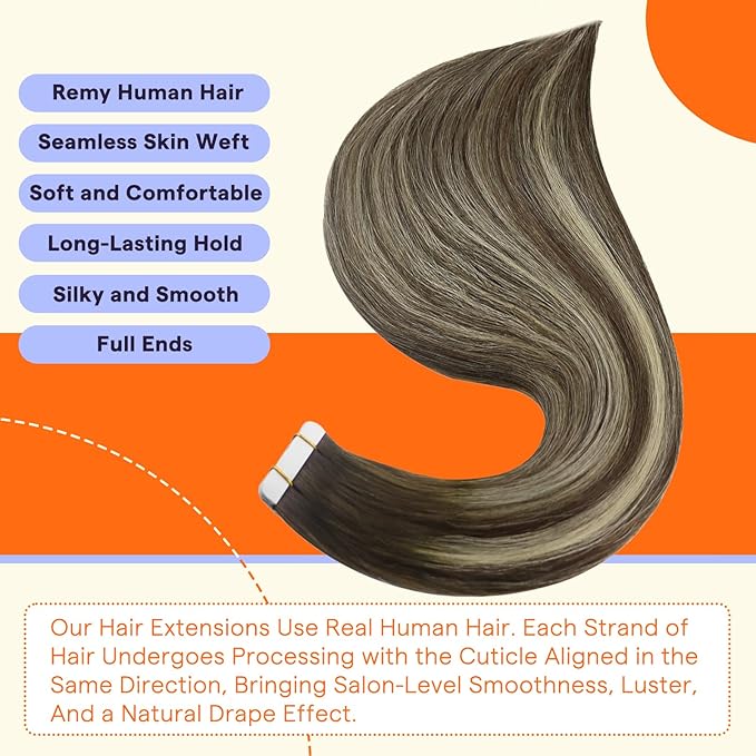 Full Shine Real Human Hair Extensions Balayage Color 2 Fading to 60 Blonde Highlight 2 Darkest Brown Remy Tape in Hair Extensions 22Inch Invisible Hair Extensions Tape Ins 50G 20Pcs for Women