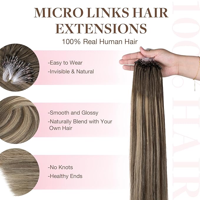 GOO GOO Micro Link Tip Hair Extensions, Real Human Hair, 16inch 50g 50S, Cold Fusion, Invisible Remy, 4/26/4 Balayage Chocolate Brown to Honey Blonde